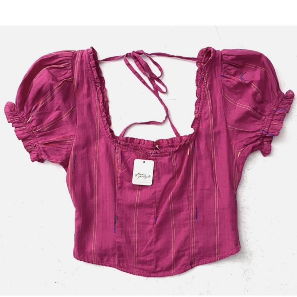 Free People Magenta Tie-Back Peasant Crop Top